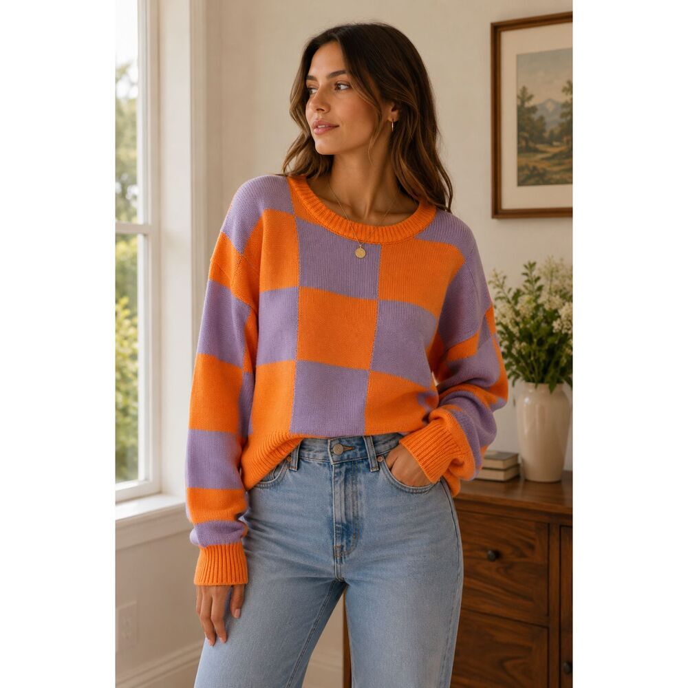 LALAVON Checkered Oversized Bright Sweater Medium